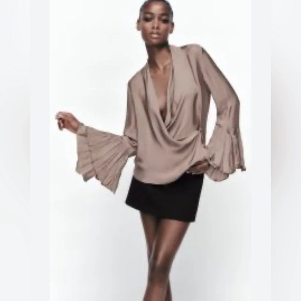 Zara Wrap Surplice Ruffle Sleeve Satin Look Taupe Grey Blouse - Picture 2 of 9